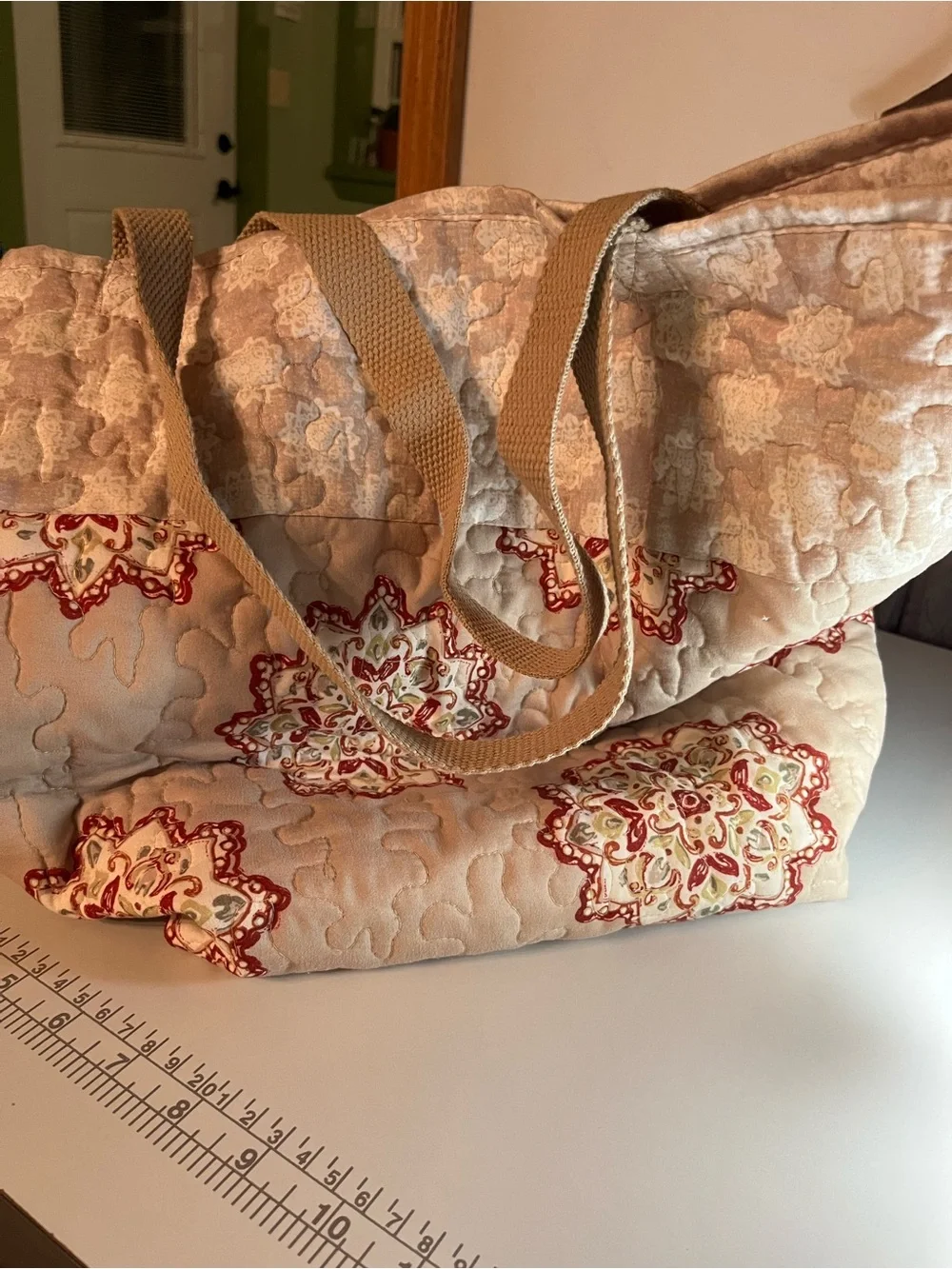 Beige Quilted Tote Bag with Red & Cream Medallion Pattern